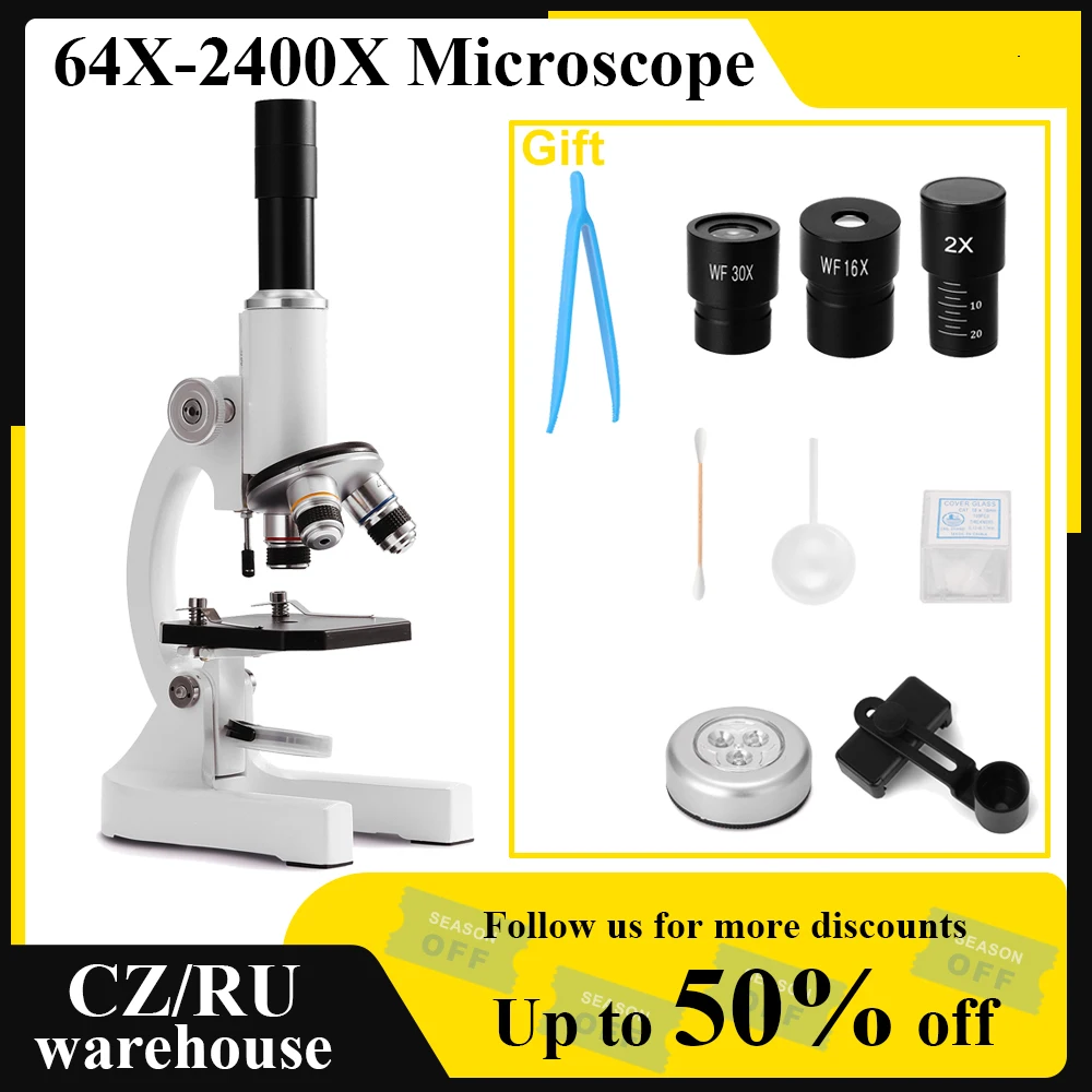 64X-2400X Монокулярный оптичен микроскоп за начално училище, научен Експериментален биологичен учебен микроскоп, подарък за децата На рожден Ден Изображение 0