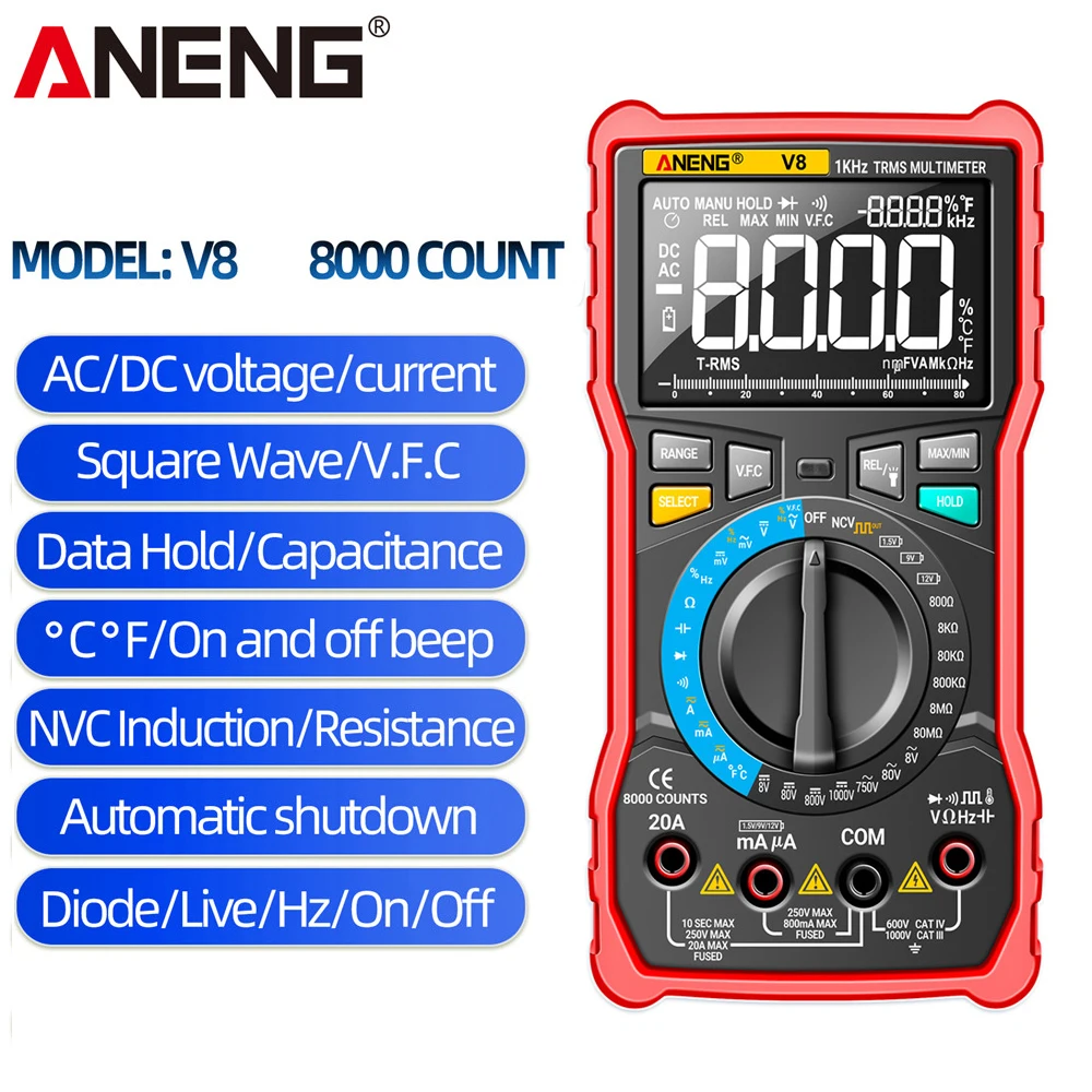 ANENG V8 Цифров Мултицет True RMS 8000 Точки NCV DC/AC Ток Напрежение LCD Дисплей Точен Автоматичен Range Тестер за Транзистори Професионален Изображение 0