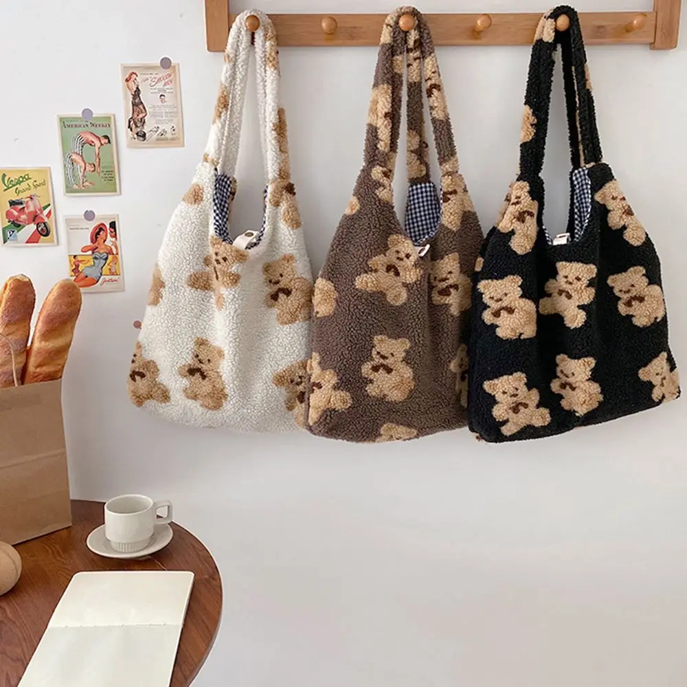 Cartoony сладък Мечка, плат в стил Ins, плюшен чанта за пазаруване, чанта за книги, женствена чанта през рамо, чантата е в корейски стил Изображение 0