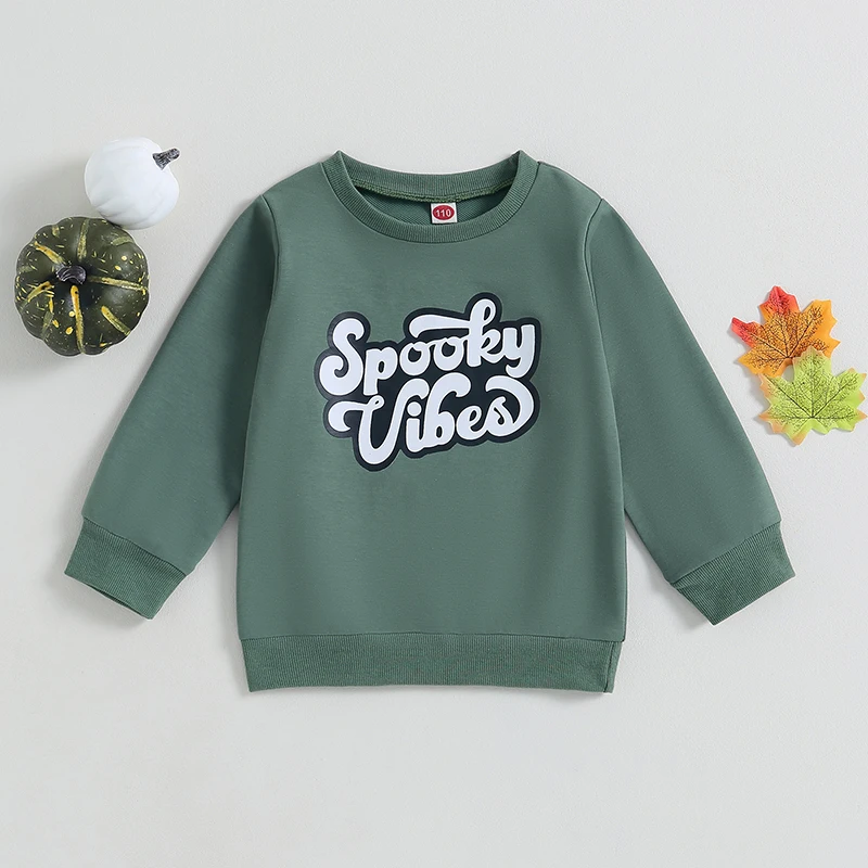 Citgeett, Есенни блузи за малко момче на Хелоуин, Пуловер с дълги ръкави и писмото принтом, върхове с кръгло деколте, Зелени есенни ризи Изображение 0
