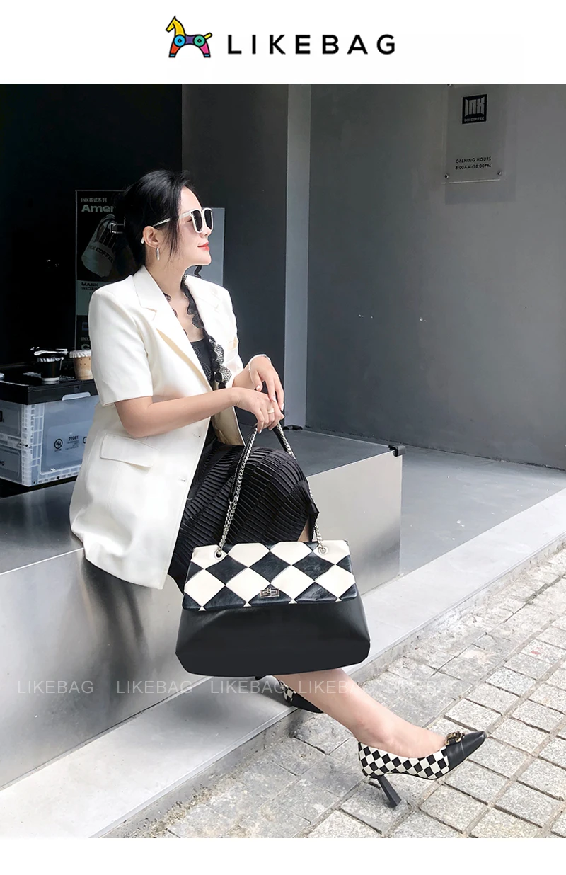 LIKEBAG модерна дамска чанта в шахматна дъска модел, флип-надолу чанта, голяма чанта голям веригата под мишниците, изкуствена кожа, голяма чанта през рамо Изображение 0