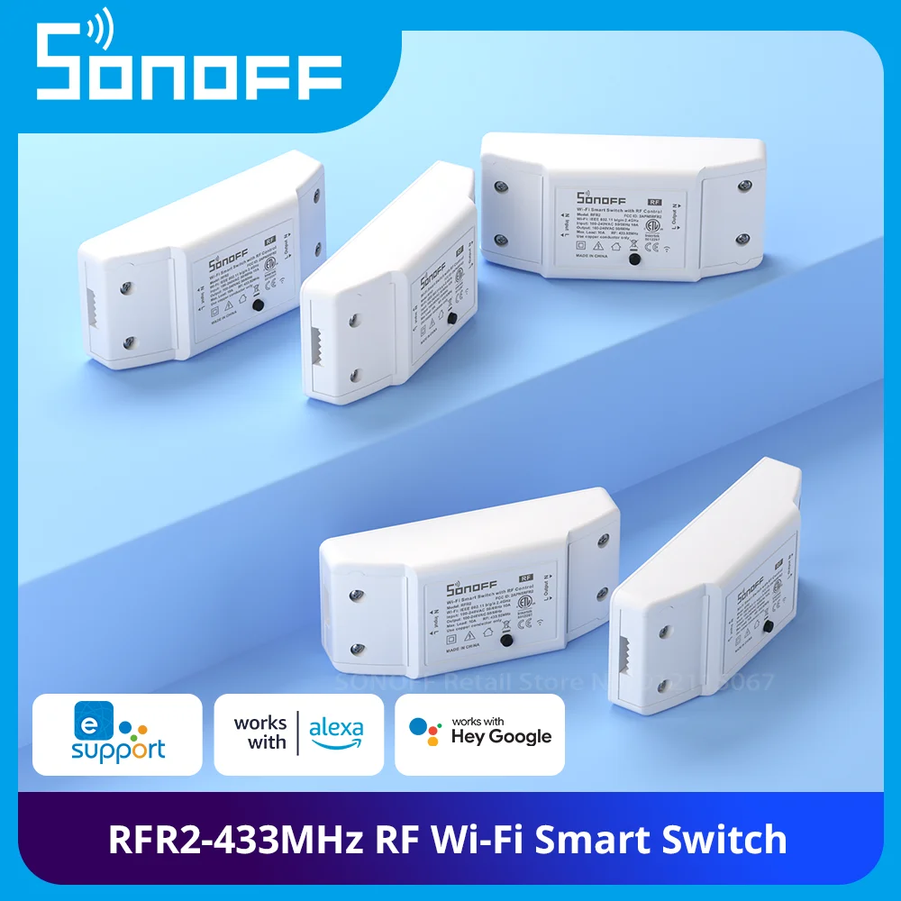 SONOFF 1-10 бр. RFR2 WiFi Интелигентен превключвател с радиочестотни приемник 433 Mhz Поддръжка на радиочестотния управление за smart home Работи с Alexa и Google Home Изображение 0