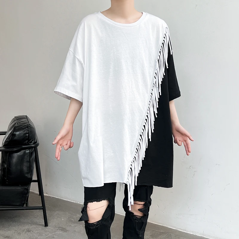 SuperAen/ Лятна черно-бяла тениска с контрастиращи вложки с къси ръкави и пискюли, тениска оверсайз за жени Изображение 0