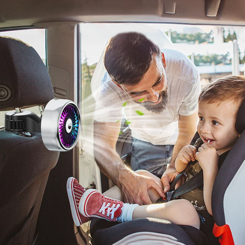 Вентилатор за охлаждане на облегалката на задната седалка на автомобила с RGB подсветка, преносими Електрически вентилатора-охладител за USB зареждане, столче за кола, Мултифункционален скоба-куката Изображение 0