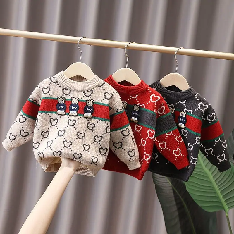 Вязаная дрехи За малките Момчета, Детски Пролетно-Есенен пуловер памук райе, Детски Пуловер с бродерия на Мече, Трикотаж с кръгло деколте Изображение 0