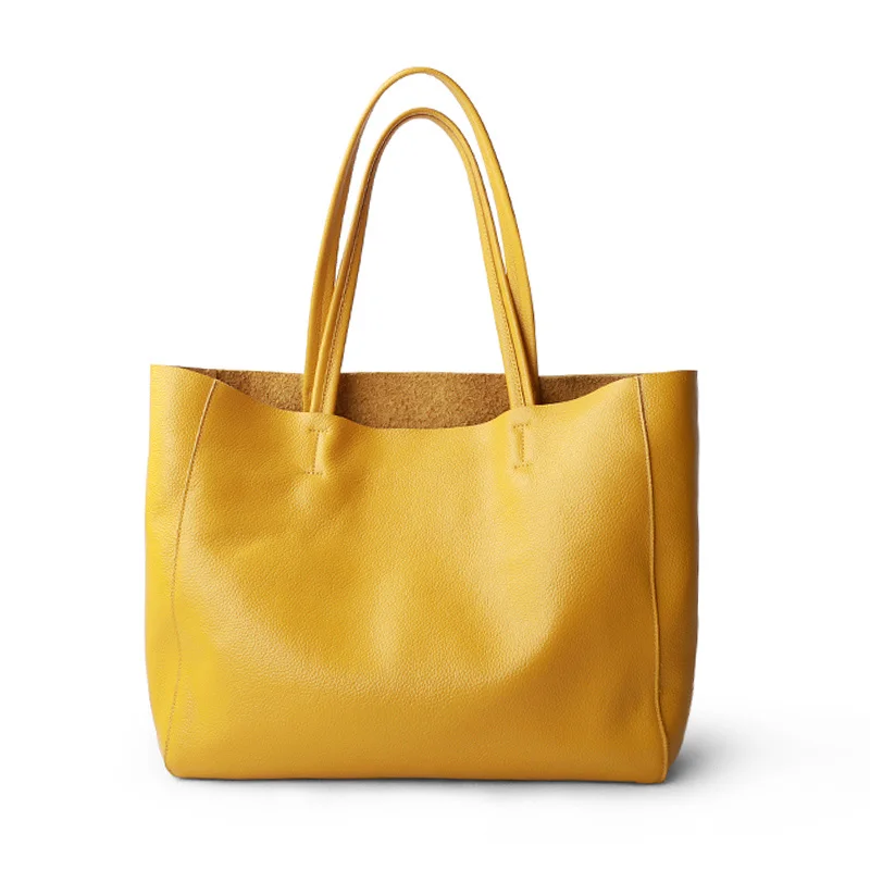 Дамски луксозна чанта, ежедневни чанти-тоут, дамски лимон жълта модерна чанта на рамото, жените пазарска чанта от естествена телешка кожа Изображение 0