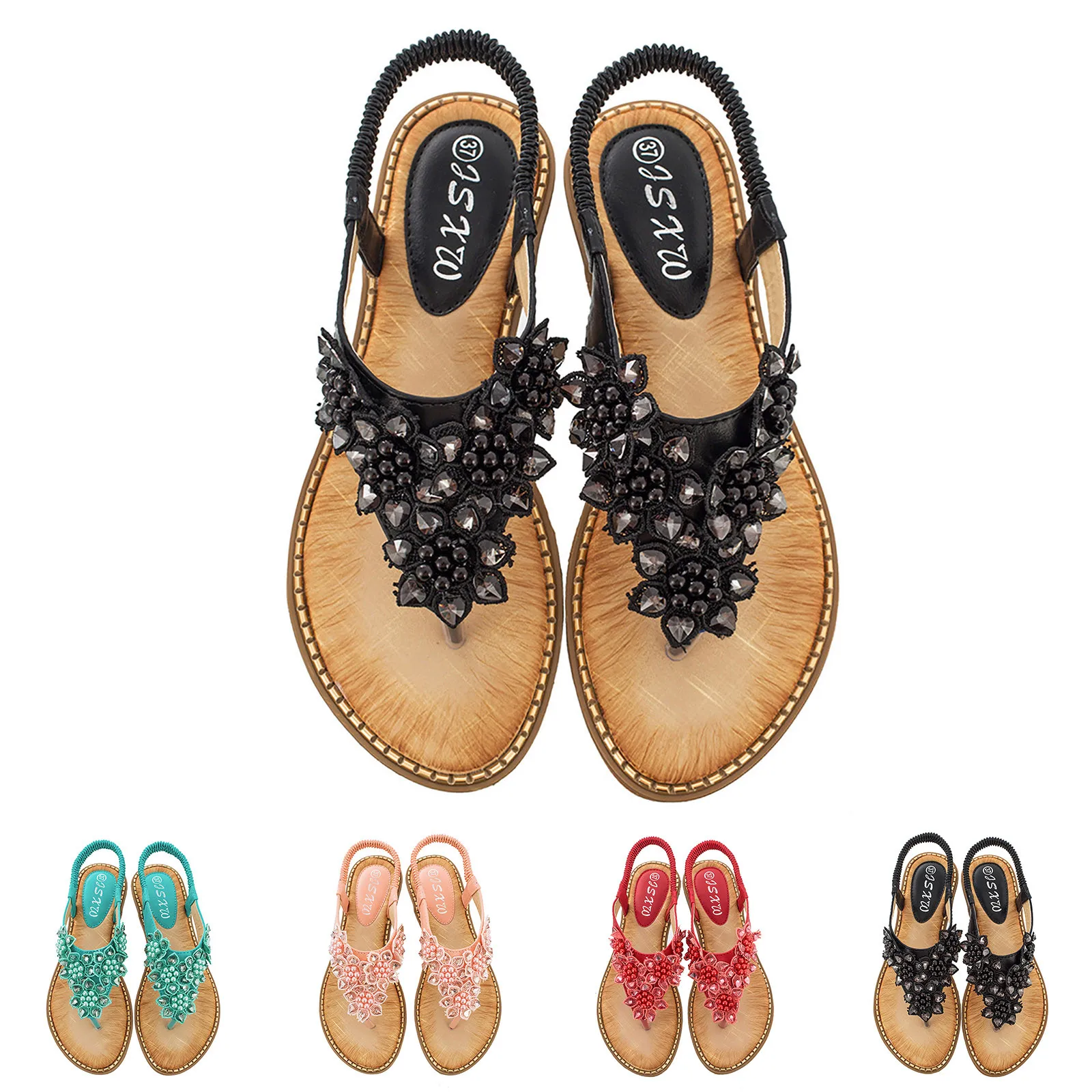 Дамски пролетно-летни сандали с мъниста, модни сандали на равна подметка впечатлява със своя бохемски стил Изображение 0