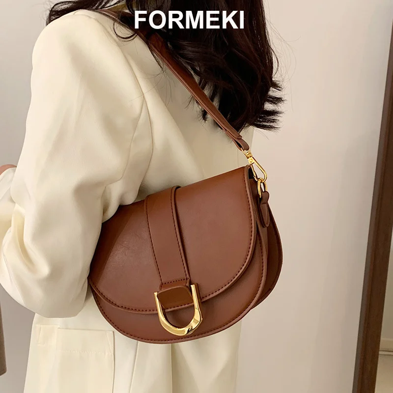 Дамски чанти Formeki 2022, Дизайнерски луксозни дамски чанти, Однотонная Ретро-седельная чанта, Градинска чанта през рамо за жени Изображение 0