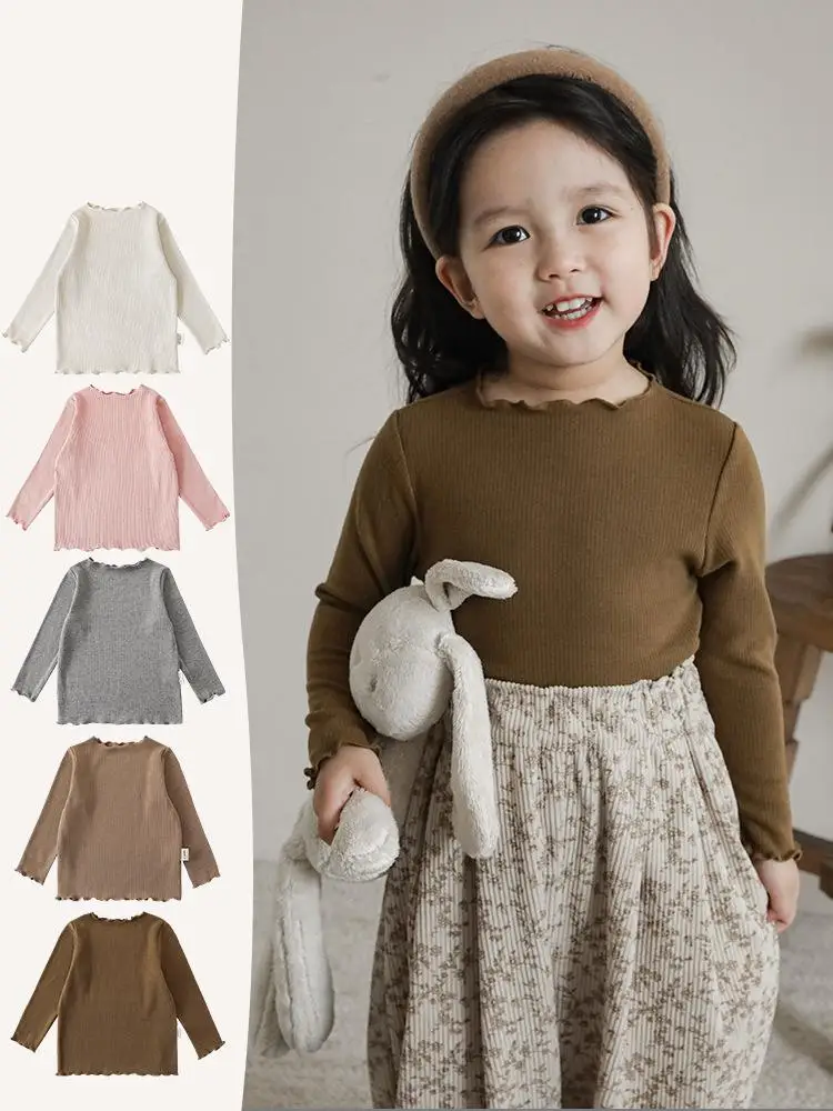 Детска долна риза в корейски стил, однотонная тениска, на новост 2023 година, пролетта и есента е мека универсален топ с дълъг ръкав за момичета Изображение 0