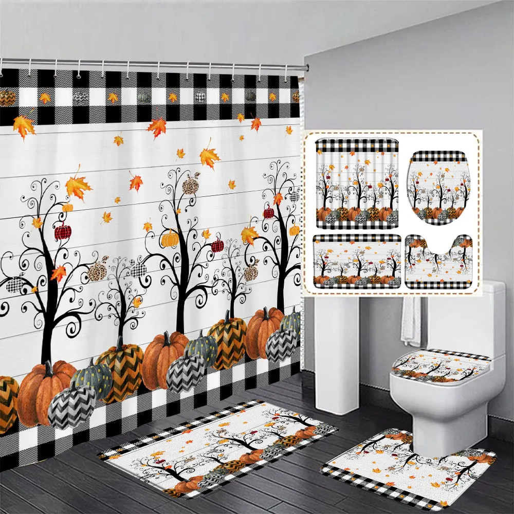 Есенна завеса за душ с тиква, Комплект за баня, Слама реколта, Есенен кленов лист, Кърпа за баня, Есенен декор с изглед към гората Изображение 0