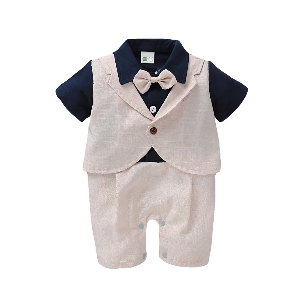 За новородени момчета, Джентълменско вратовръзка-пеперуда с къс ръкав, Монофонични Гащеризони, Комплекти, бебешки дрехи за деца, Детска есен облекло 2023 Изображение 0