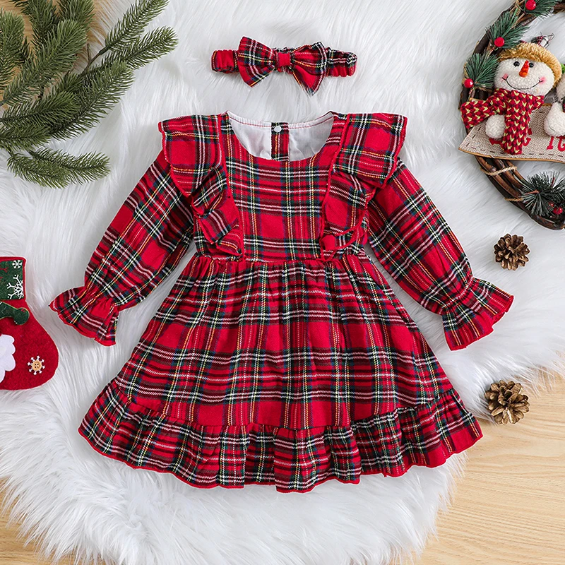 Коледна рокля за малки момичета, Клетчатое рокля в клетка с дълги ръкави и набори, детски празнична рокля с превръзка на главата Изображение 0