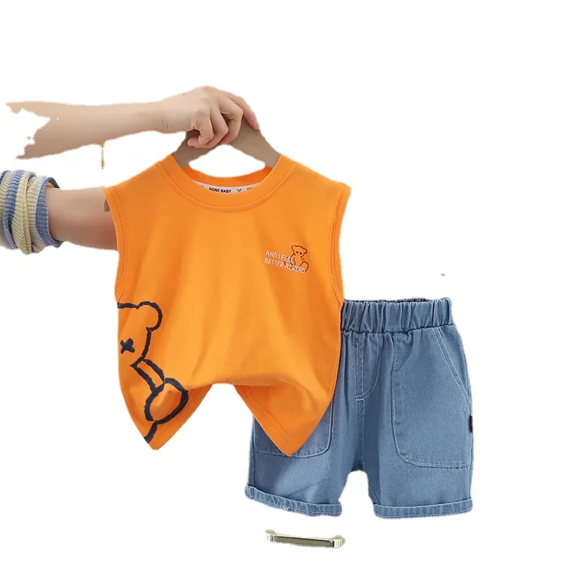 Летни дрехи за малки момчета, чуждестранна дрехи за момчета, красиви летни дрехи за деца, детска риза без ръкави, комплект шорти Изображение 0