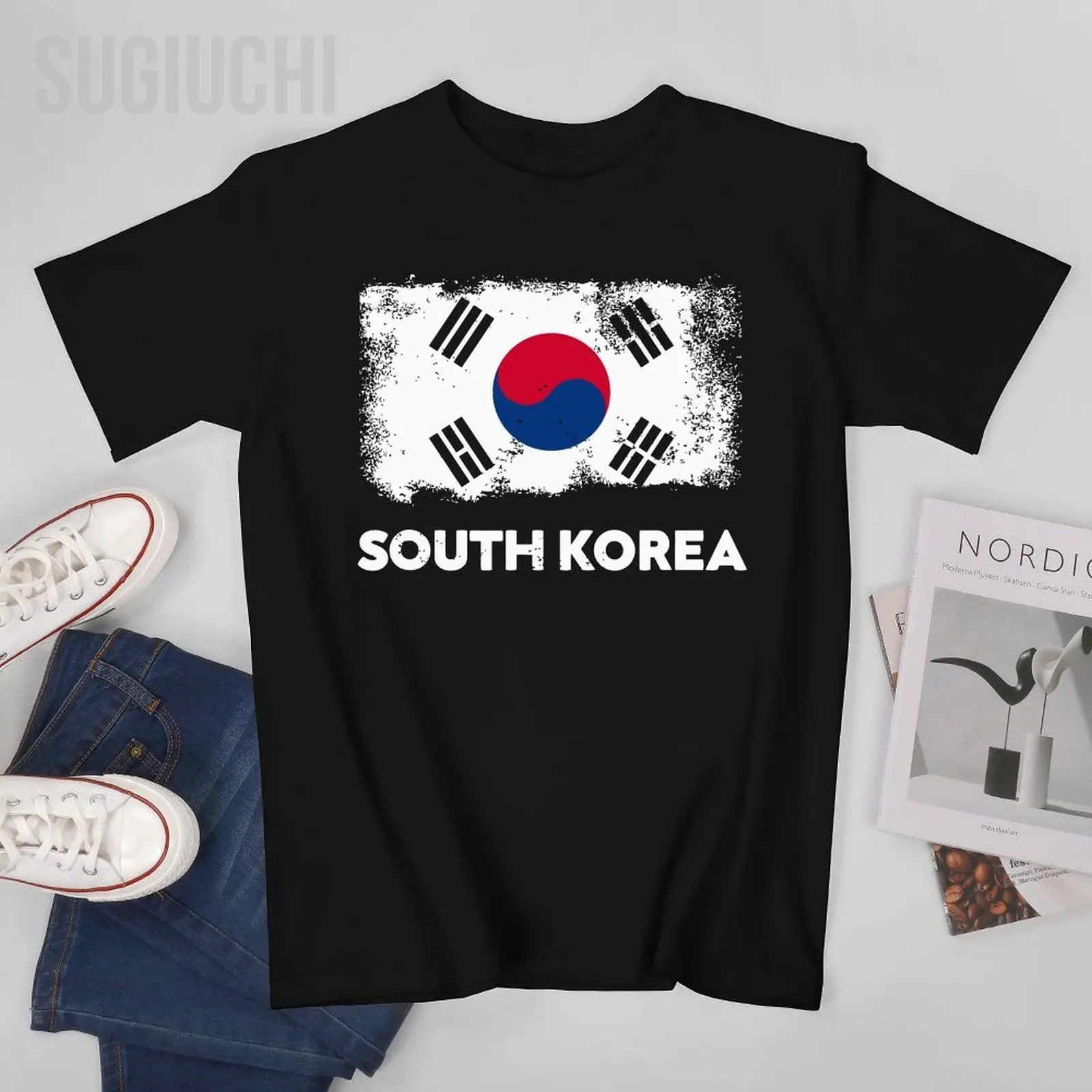 Мъжки реколта тениска с флага на Южна Корея, Тениски с кръгло деколте, Дамски тениски от 100% памук за момчета, къса тениска унисекс, За всички сезони Изображение 0