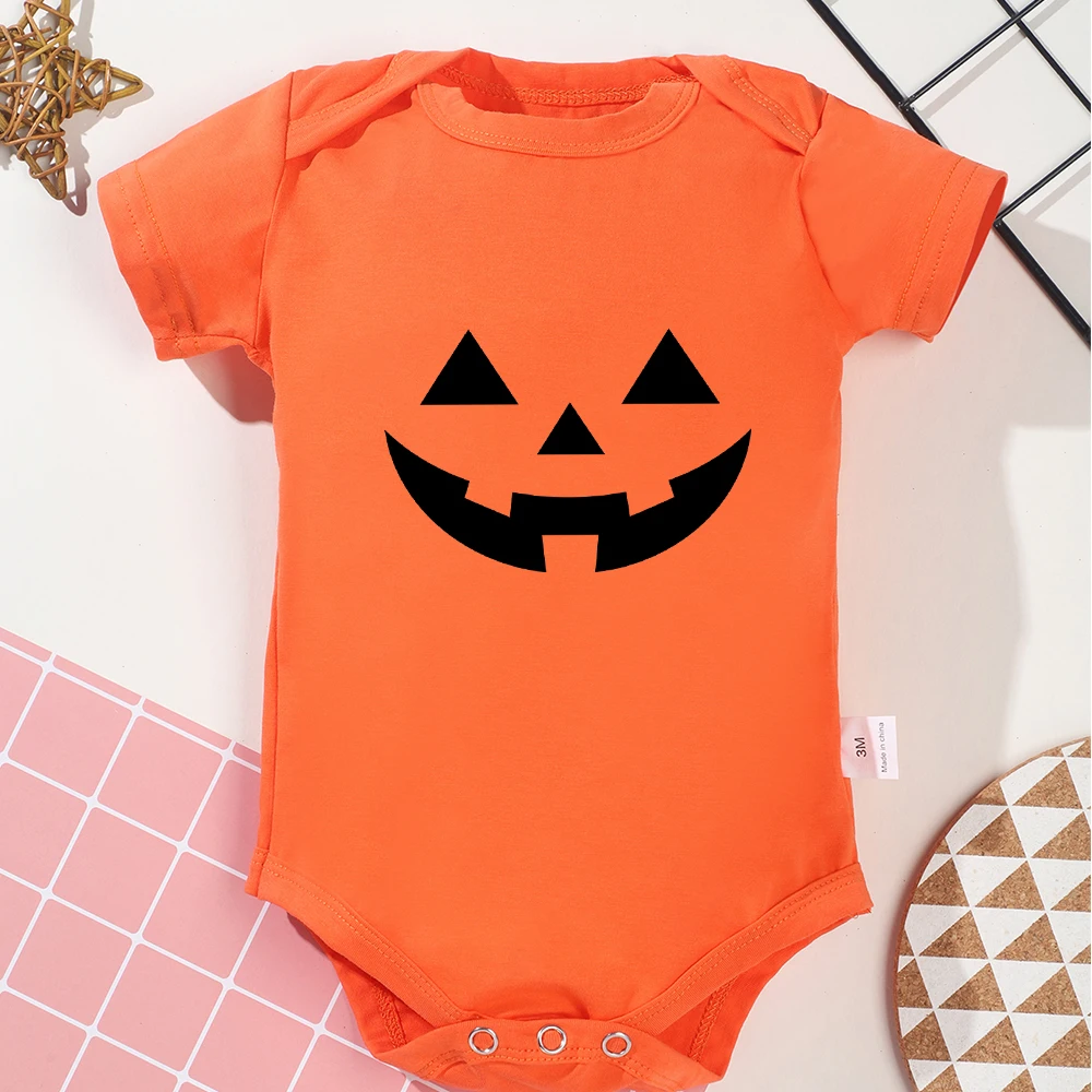 Облекло за новородени момичета за Хелоуин, Деня На тиквата, Къс ръкав, забавен детски гащеризон с анимационни принтом, просто оранжевото детско боди Изображение 0