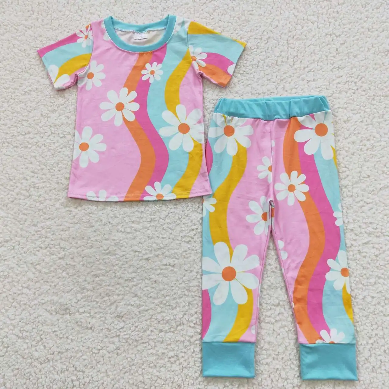 Продажба на едро, Детски дрехи за сън с цветен модел, тениски с къс ръкав за малки момичета, Детски панталони с цветен модел, Детска пижама Изображение 0