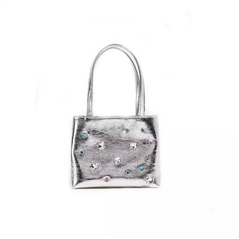 Сребристо-черна Дамска чанта-тоут 2023 Y2K Cool Girl, Нова модерна чанта от изкуствена кожа с диаманти, чанта през рамо с една каишка, чанта през рамо Изображение 0