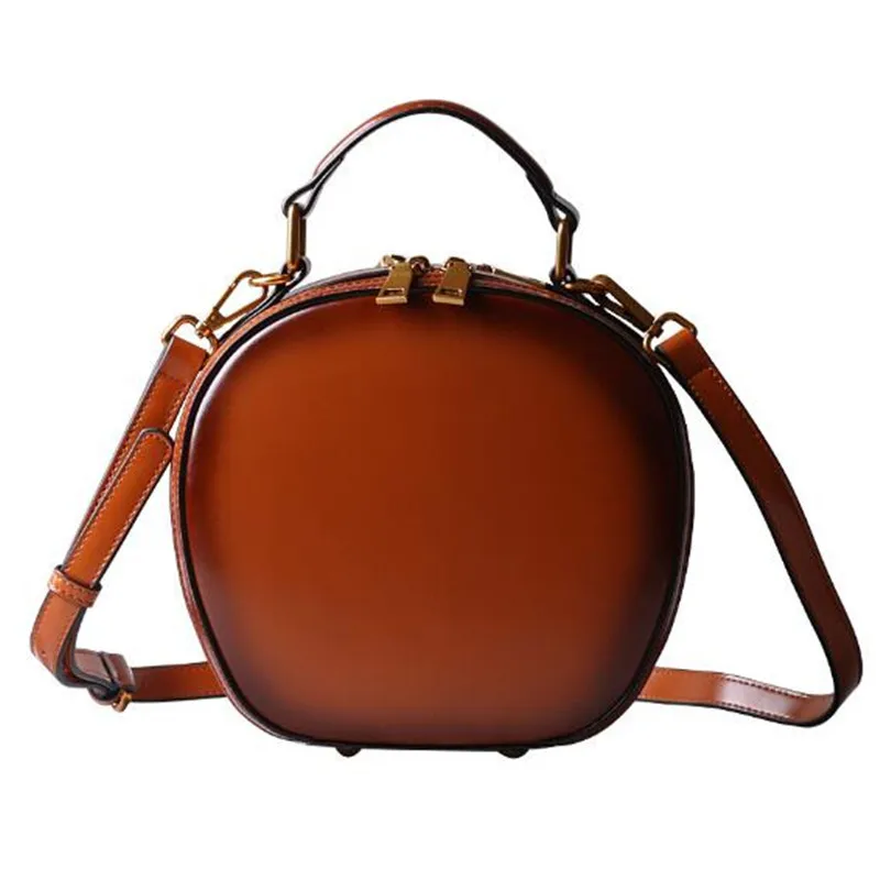 Чанта от телешка кожа 2023 нова кожена дамски ретро чанта Apple от едно рамо през рамо, преносими модни малки кръгли чанти Изображение 0