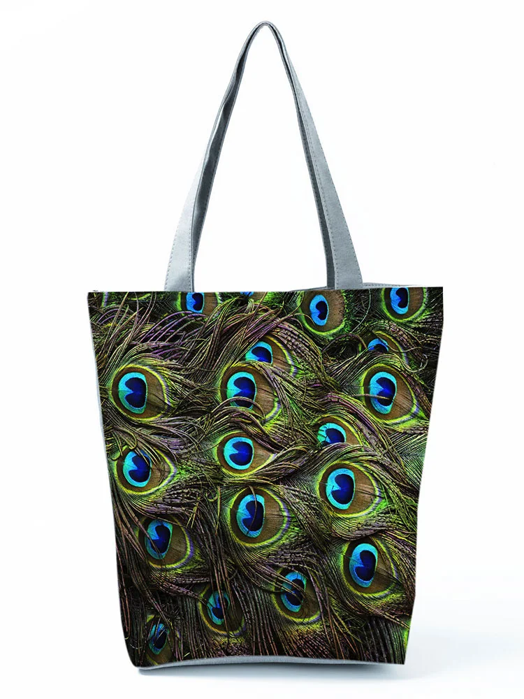 Чанта с принтом от павлиньих пера, Сгъваема Дамски зелена чанта през рамо, Класическа чанта за еднократна употреба за пазаруване с индивидуален дизайн Изображение 0