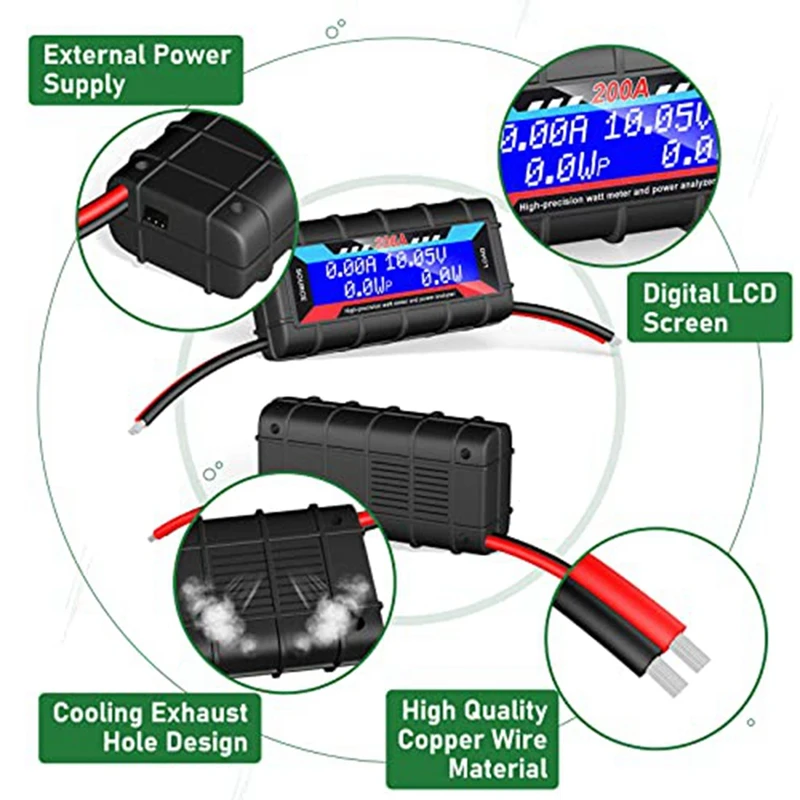 2 Бр 200A Анализатор мощност, Ваттметр С LCD подсветка, Монитор на производителността на потреблението на батерия, Черен За RC, Батерия, Слънчева Изображение 1