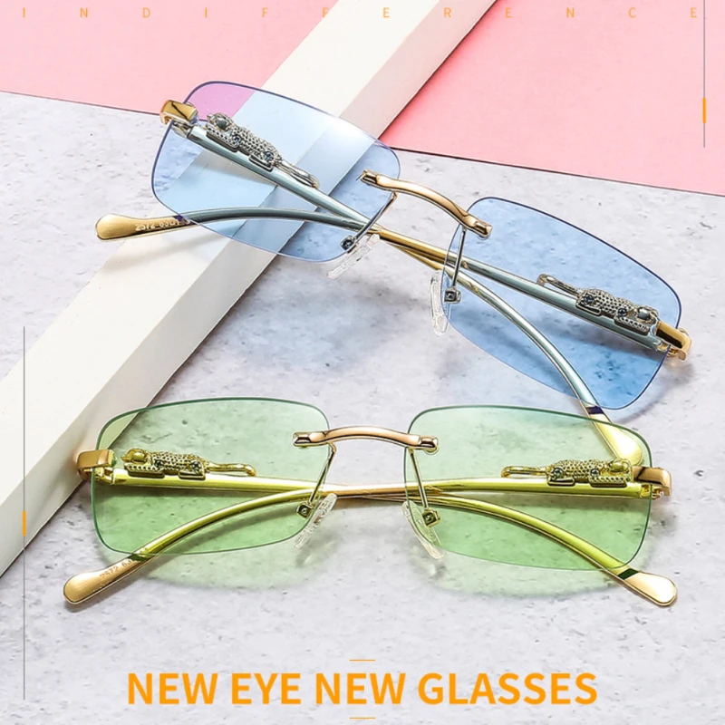 2023 Модерни правоъгълни слънчеви очила без рамки, дамски Ретро декорация под формата на Леопард, Прозрачни Океански лещи, Очила с UV400, Мъжки Слънчеви очила Нюанси Изображение 1