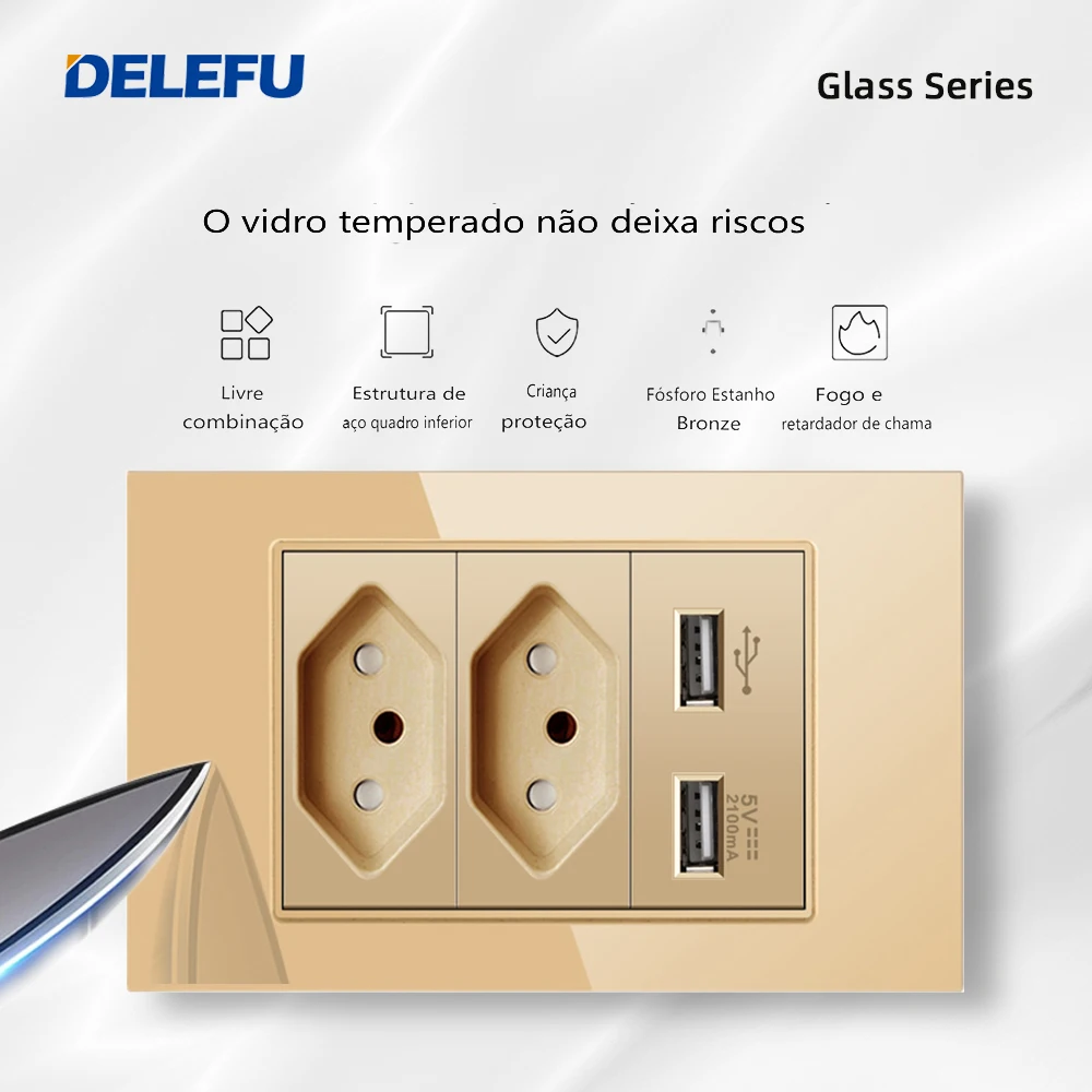 DELEFU 4 * 2 Златното Закалено стъкло Бразилия Стандартна Розетка Троен изход Швейцария 118 мм, 10A 20A Изображение 1
