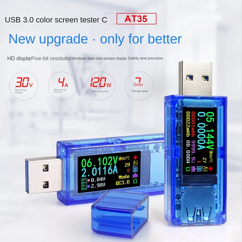 RIDEN AT35 USB3.0 Цветен LCD амперметър, измерване на напрежение, ток, Мултицет, Заряд на батерията, захранващ Блок, USB-тестер, синьо Изображение 1