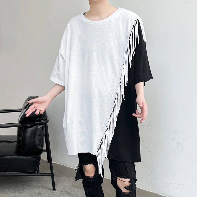 SuperAen/ Лятна черно-бяла тениска с контрастиращи вложки с къси ръкави и пискюли, тениска оверсайз за жени Изображение 1