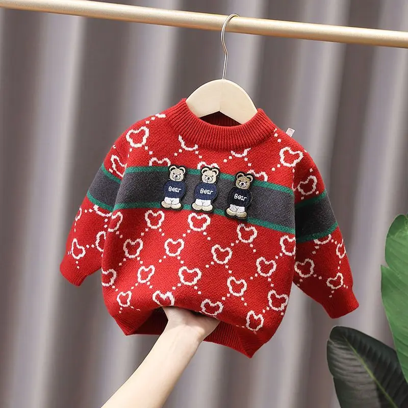 Вязаная дрехи За малките Момчета, Детски Пролетно-Есенен пуловер памук райе, Детски Пуловер с бродерия на Мече, Трикотаж с кръгло деколте Изображение 1