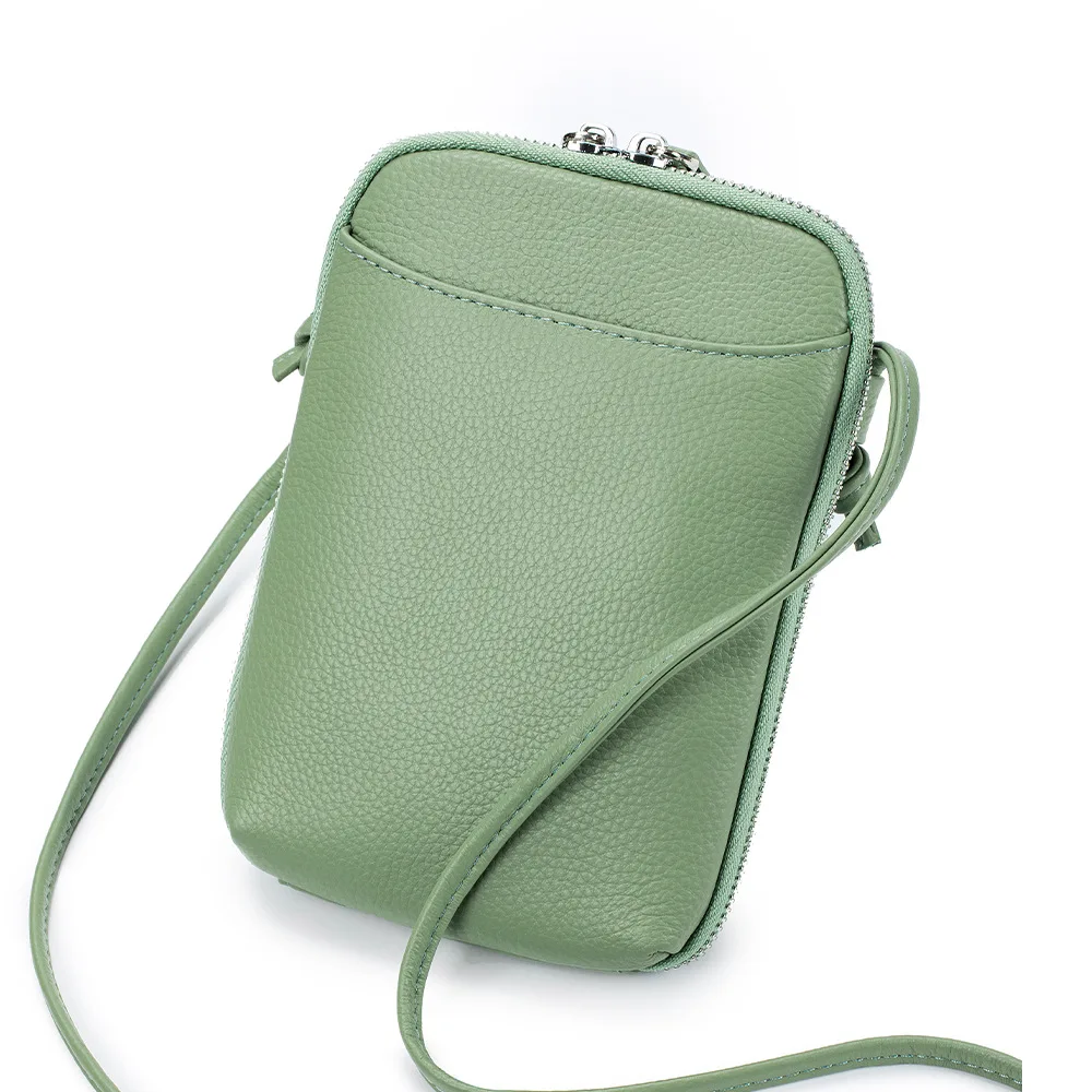 Голям голям прясна зелена мини чанта за телефон за жени, дамска чанта за през рамото от естествена кожа, дамски малка чанта-месинджър с капак и портфейла Изображение 1