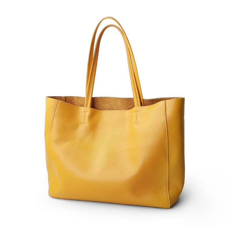 Дамски луксозна чанта, ежедневни чанти-тоут, дамски лимон жълта модерна чанта на рамото, жените пазарска чанта от естествена телешка кожа Изображение 1