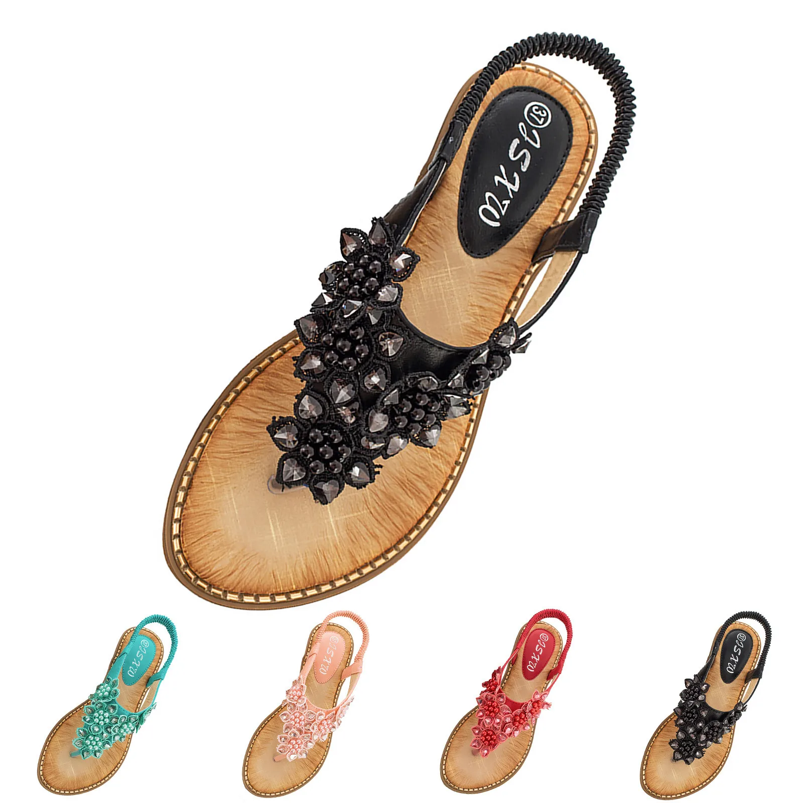 Дамски пролетно-летни сандали с мъниста, модни сандали на равна подметка впечатлява със своя бохемски стил Изображение 1