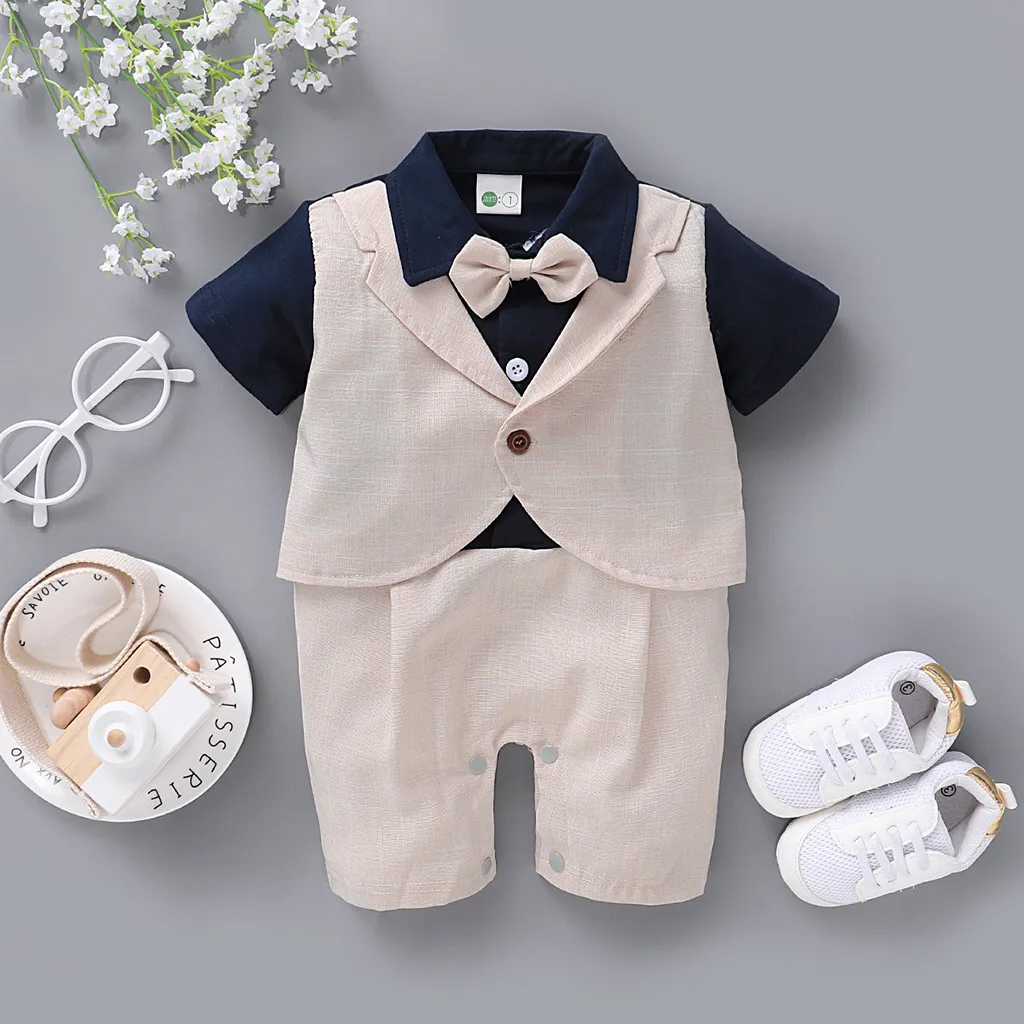 За новородени момчета, Джентълменско вратовръзка-пеперуда с къс ръкав, Монофонични Гащеризони, Комплекти, бебешки дрехи за деца, Детска есен облекло 2023 Изображение 1