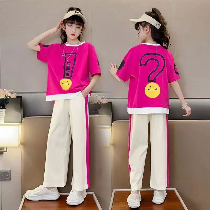 Комплект за момичета 2023, Лятна Детска тениска с къс ръкав + широки панталони, комплекти от 2 теми, Ежедневни облекла за момичета от 5 до 14 години Изображение 1