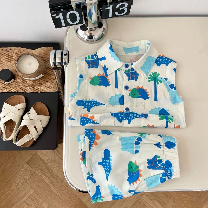 Комплект летни дрехи за най-малките момчета от 0 до 3 години, Детска топ без ръкави, с анимационни принтом, риза и къси панталони, комплект от 2 теми, Тениска с динозавром за малки момчета Изображение 1