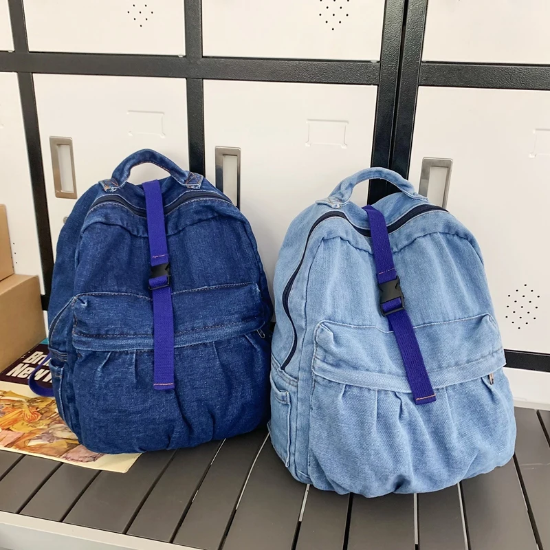 Нов случайни Деним синьо женски раница, Ретро ученическа раница с Голям капацитет, женски училищни чанти за колеж, чанта за книги за момчета и момичета Изображение 1