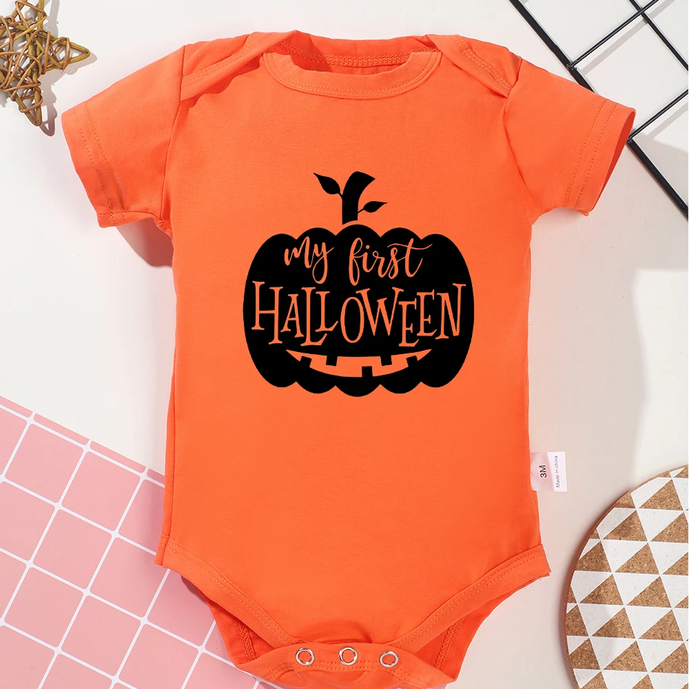 Облекло за новородени момичета за Хелоуин, Деня На тиквата, Къс ръкав, забавен детски гащеризон с анимационни принтом, просто оранжевото детско боди Изображение 1