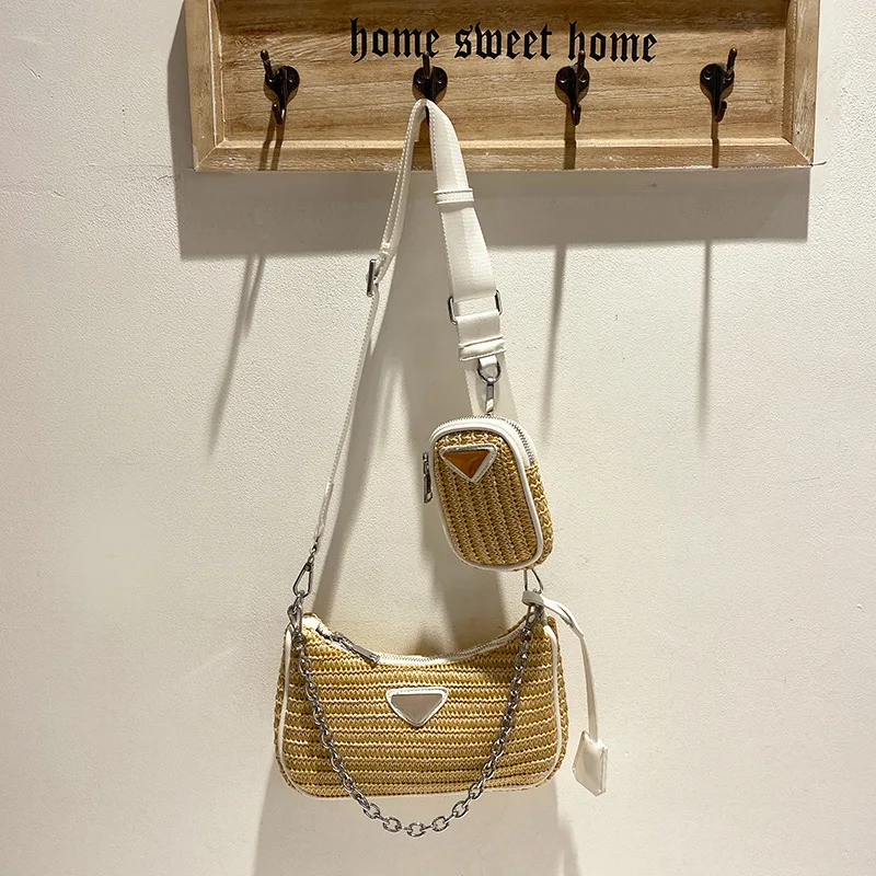 Плетените от слама чанта През рамо, Луксозна Дамска плажна чанта на Известната марка, Дамски Лятна Нова Диагонално верига, за украса Изображение 1