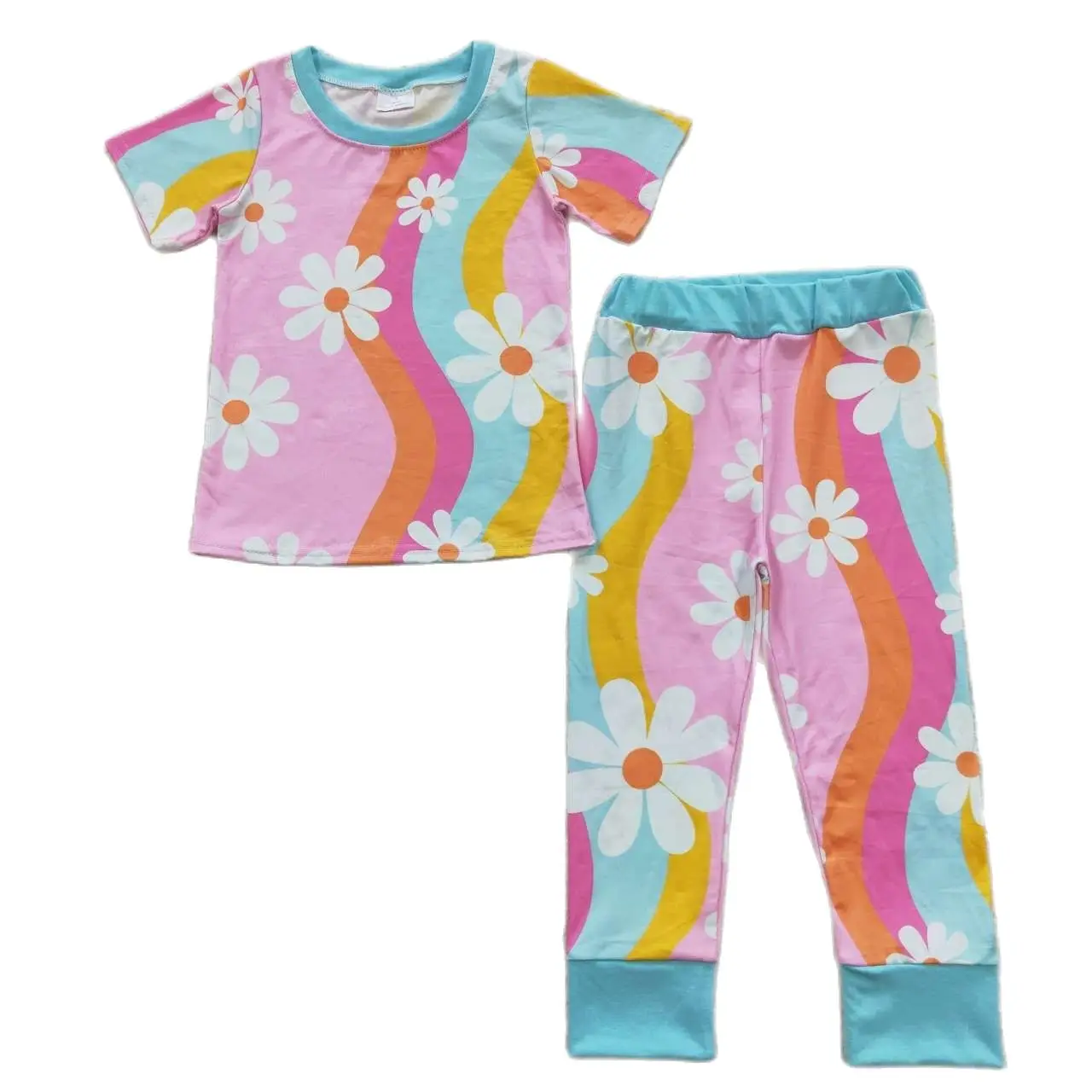 Продажба на едро, Детски дрехи за сън с цветен модел, тениски с къс ръкав за малки момичета, Детски панталони с цветен модел, Детска пижама Изображение 1