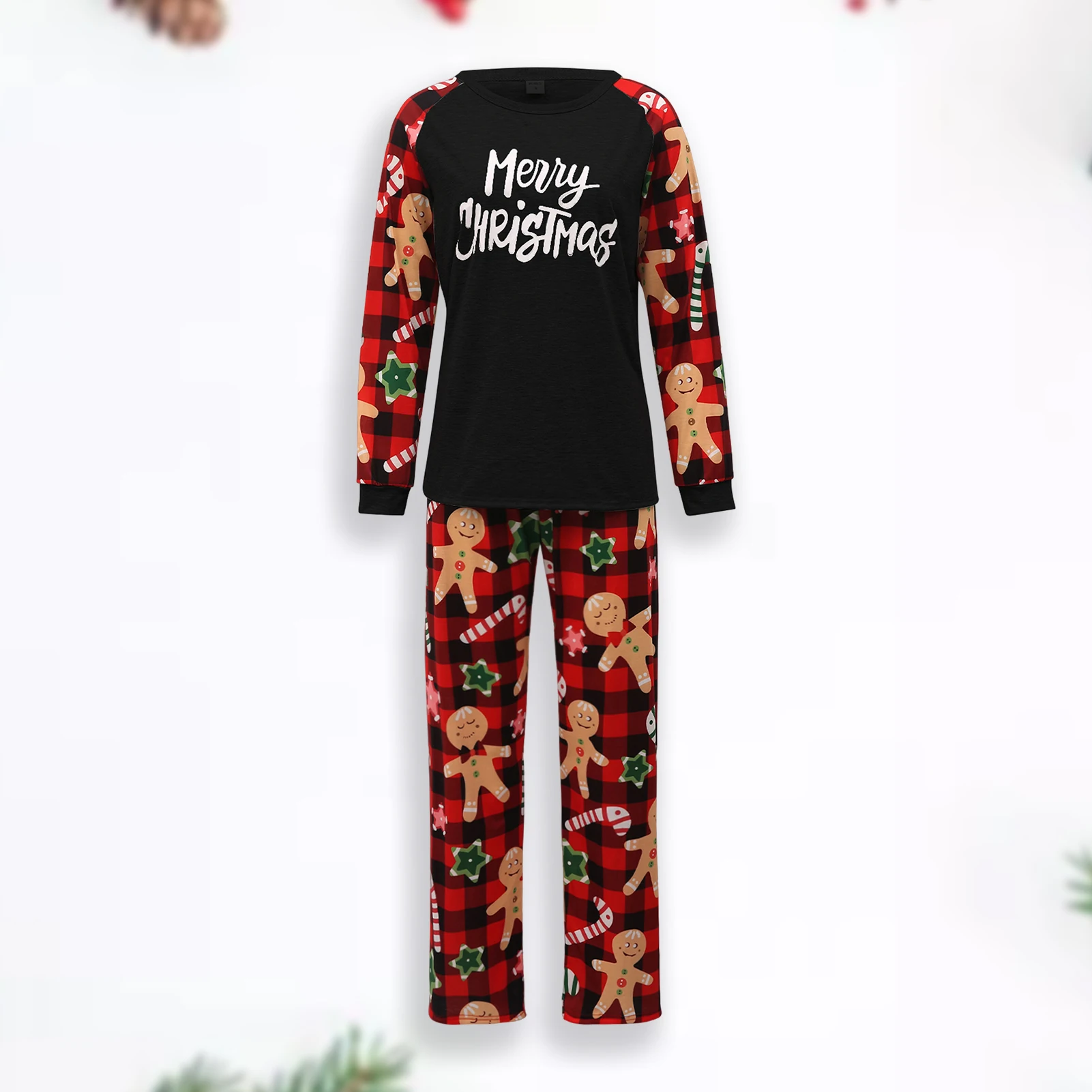 Семеен Топ с дълги ръкави, Панталони Свободно, Намаляване, Черни Дълги панталони с принтом, Костюми, Ежедневни Пижама с еластичен ластик на талията в Рождественском стил Изображение 1