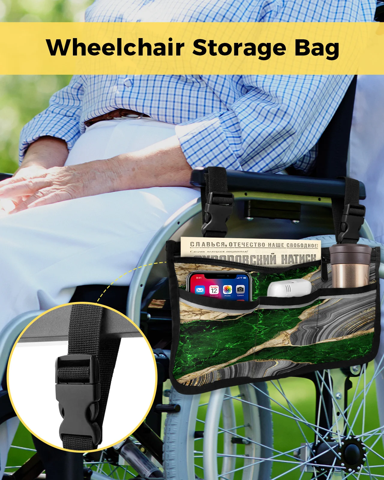 Чанта за инвалидна количка със зелена мраморна текстура, джобове, Подлакътници, Странични чанти, Пешеходната рамка за Електрически скутер, чанта за съхранение Изображение 1