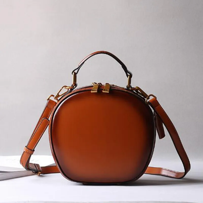 Чанта от телешка кожа 2023 нова кожена дамски ретро чанта Apple от едно рамо през рамо, преносими модни малки кръгли чанти Изображение 1