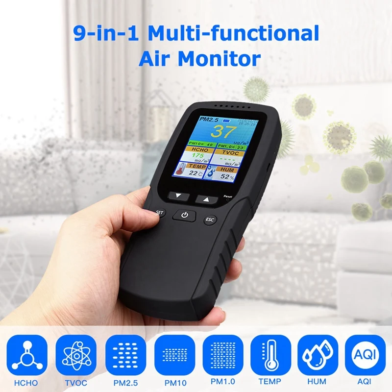 2X9 В 1 Монитор на качеството на въздуха Вътре и отвън ФПЧ2.5, PM1.0, PM10, HCHO, Детектор Тестер Сензор за температура и влажност на въздуха Изображение 2