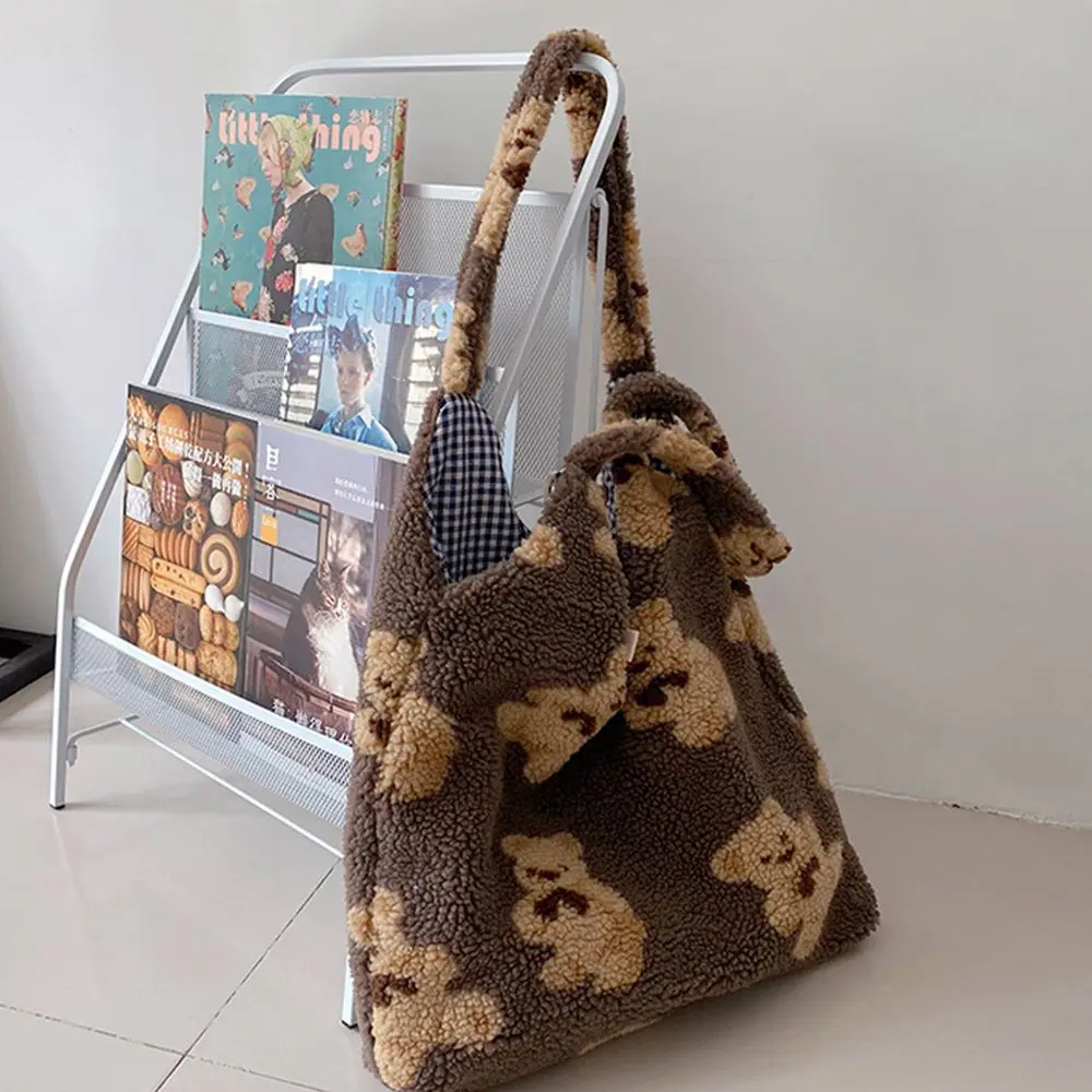 Cartoony сладък Мечка, плат в стил Ins, плюшен чанта за пазаруване, чанта за книги, женствена чанта през рамо, чантата е в корейски стил Изображение 2
