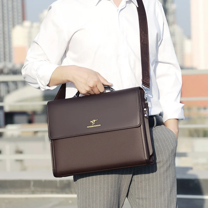 Голям бизнес обем, мъжки портфейл, Луксозна кожена чанта-тоут, Офис Мъжки чанти-месинджър, Модерен Мъжки файл Изображение 2