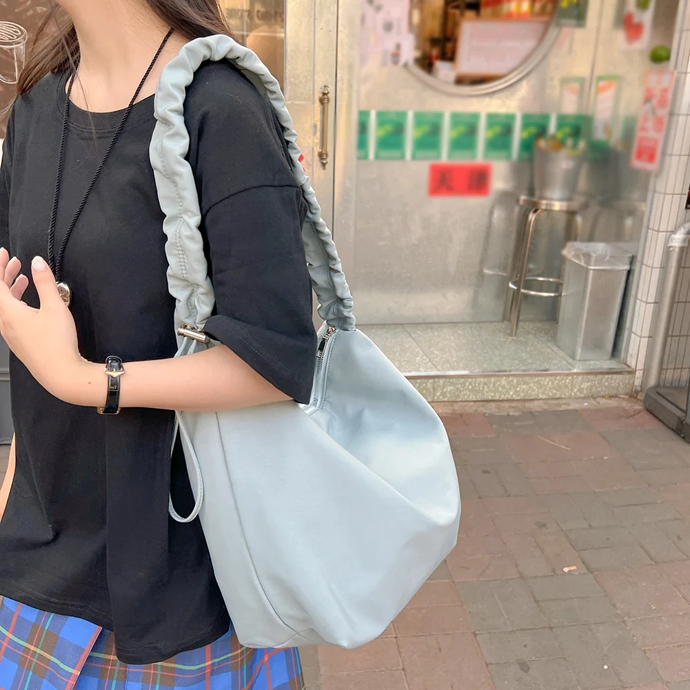 Дамска чанта с горната дръжка и каишка с рюшами, ежедневна чанта за подмишниците, однотонная чанта за почивка сред природата за момичета с голям капацитет Изображение 2