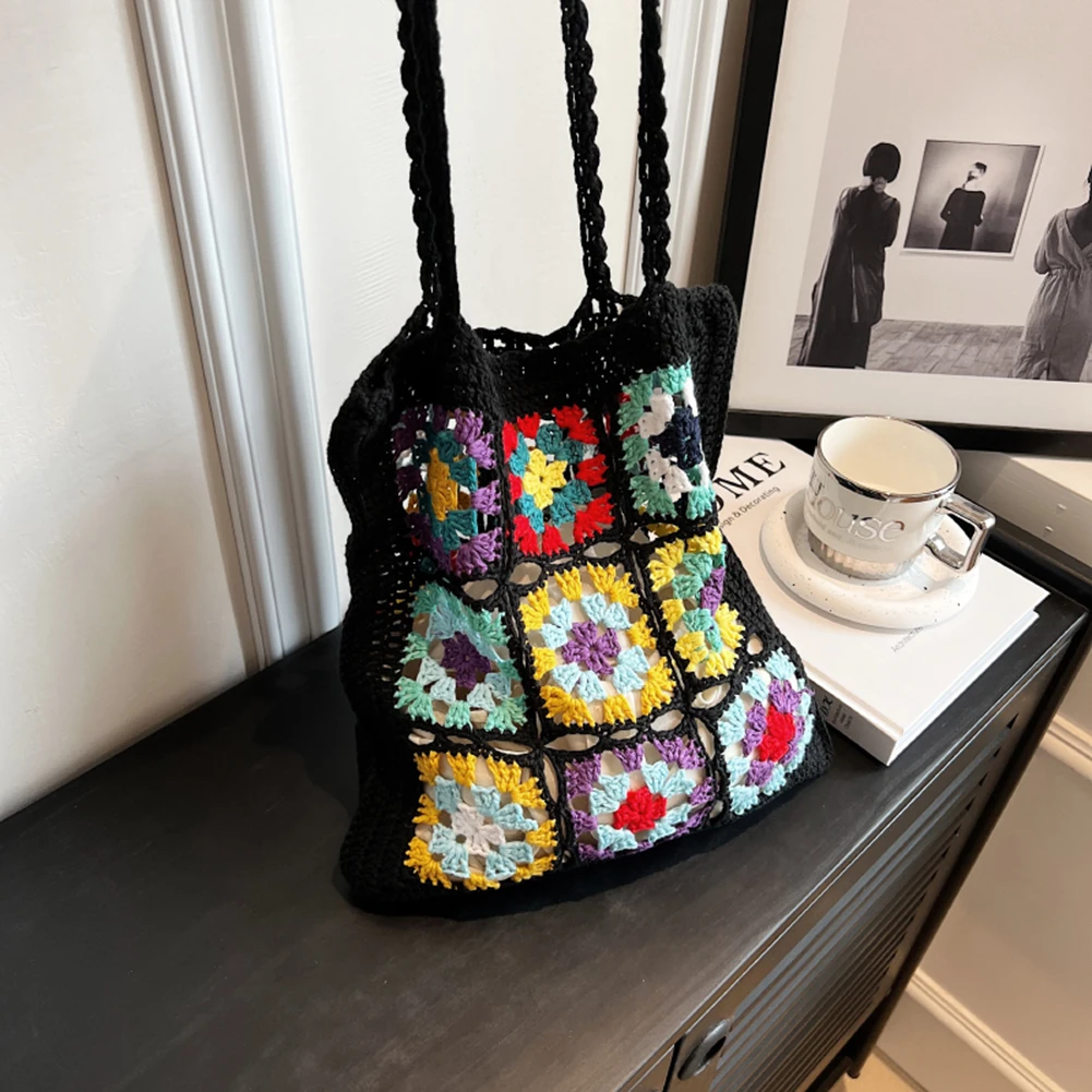 Дамски Вязаная чанта за пазаруване, Артистична Вязаная сплайсированная цвете чанта, мека Выдалбливаемая цветна тканая чанта за момичета от женски пол Изображение 2