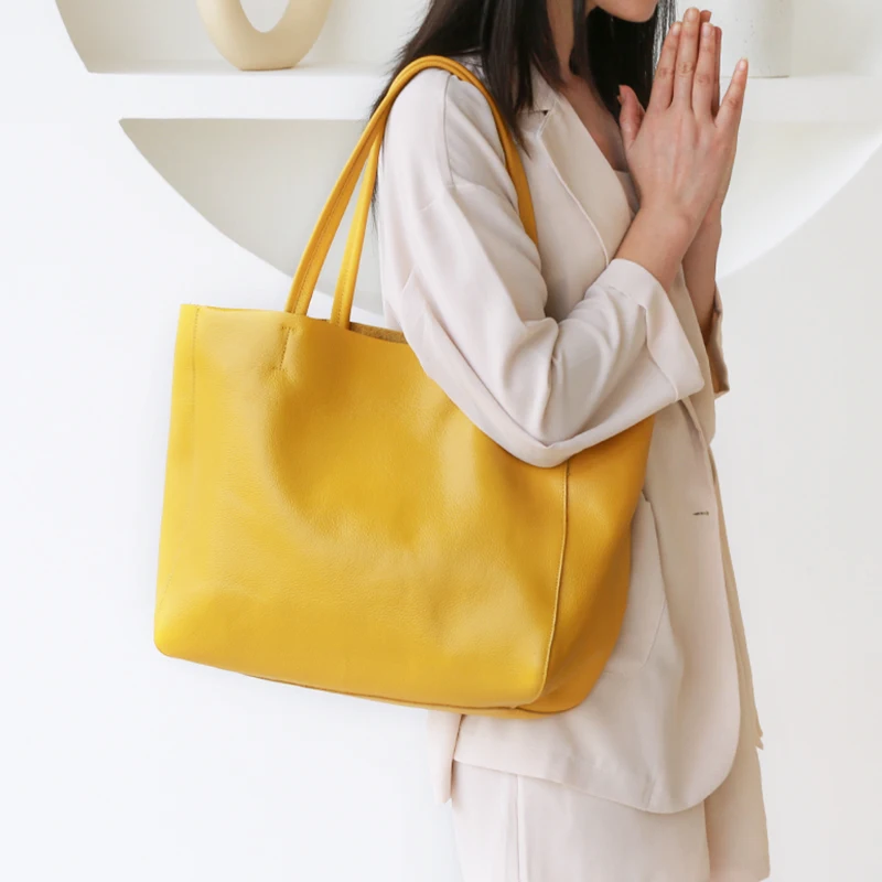 Дамски луксозна чанта, ежедневни чанти-тоут, дамски лимон жълта модерна чанта на рамото, жените пазарска чанта от естествена телешка кожа Изображение 2
