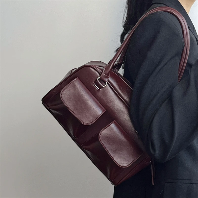 Дамски чанти през рамо в ретро стил с голям капацитет, прост дизайн, Женствена чанта за пътуване до работа, Модерни, универсални пътни чанти от изкуствена кожа с цип Изображение 2