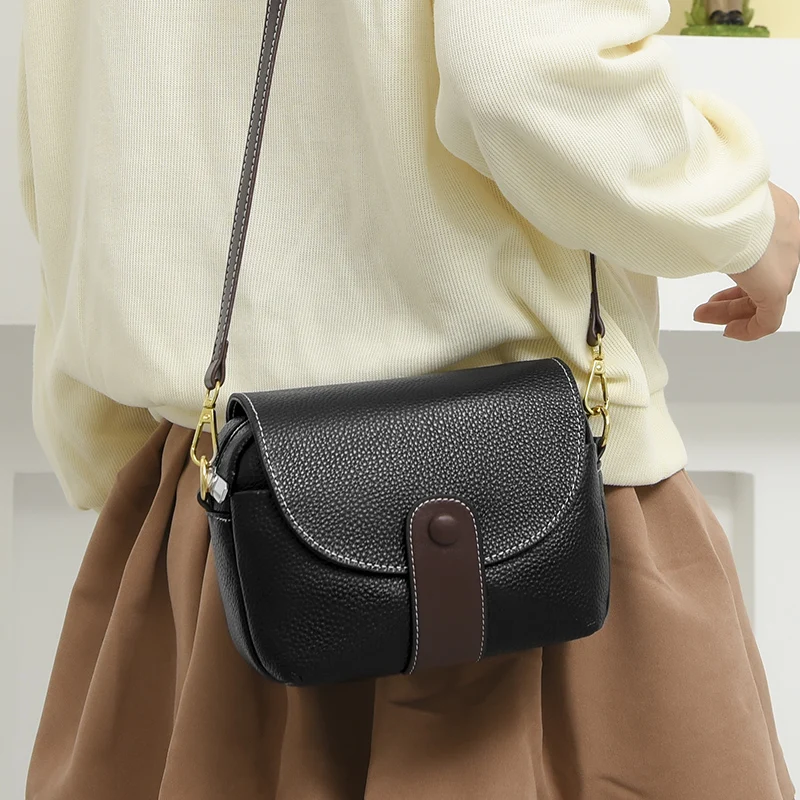 Дизайнерски однотонная чанта от естествена кожа, дамски чанти-месинджър копчета, висококачествена чанта през рамо от волска кожа, Нов женската чанта Изображение 2